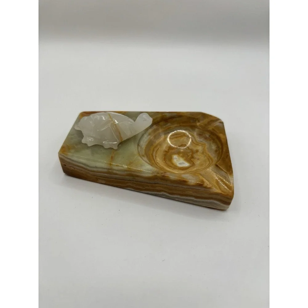 Vintage Carved Onyx Marble Stone Ashtray Natural Stone Tobacco Decor With Turtle